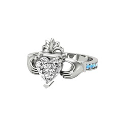 Kalp Claddagh Yüzük - Swarovski ve akuamarin 8 ayar beyaz altın yüzük #1qxt8ck