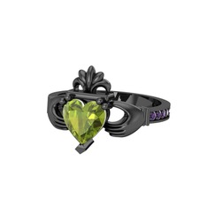 Kalp Claddagh Yüzük - Peridot ve ametist 925 ayar siyah rodyum kaplama gümüş yüzük #1sfke8p