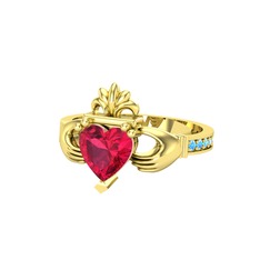 Kalp Claddagh Yüzük - Rodolit garnet ve akuamarin 14 ayar altın yüzük #1sj8avl