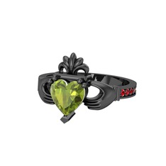 Kalp Claddagh Yüzük - Peridot ve garnet 925 ayar siyah rodyum kaplama gümüş yüzük #1uetn28