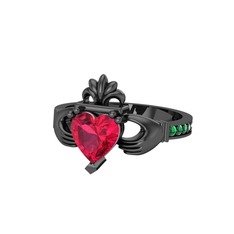 Kalp Claddagh Yüzük - Rodolit garnet ve yeşil kuvars 925 ayar siyah rodyum kaplama gümüş yüzük #1v2ng7i