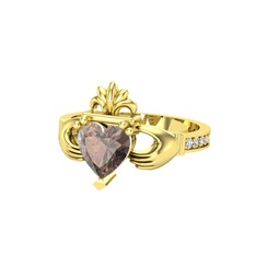 Kalp Claddagh Yüzük - Dumanlı kuvars ve beyaz zirkon 18 ayar altın yüzük #1ytnd1n