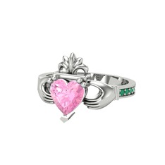 Kalp Claddagh Yüzük - Pembe kuvars ve kök zümrüt 8 ayar beyaz altın yüzük #2uewqv
