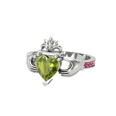 Kalp Claddagh Yüzük - Peridot ve rodolit garnet 14 ayar beyaz altın yüzük #4j166v
