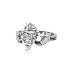 Kalp Claddagh Yüzük - Swarovski ve ametist 14 ayar beyaz altın yüzük #66cu9i
