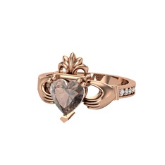 Kalp Claddagh Yüzük - Dumanlı kuvars ve swarovski 14 ayar rose altın yüzük #bg0h3x