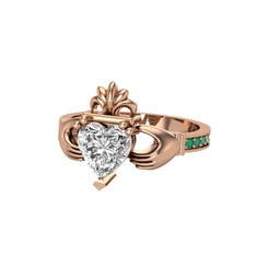 Kalp Claddagh Yüzük - Swarovski ve kök zümrüt 925 ayar rose altın kaplama gümüş yüzük #d959r9