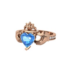 Kalp Claddagh Yüzük - Akuamarin ve beyaz zirkon 14 ayar rose altın yüzük #lsadk8