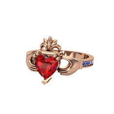 Kalp Claddagh Yüzük - Garnet ve lab safir 14 ayar rose altın yüzük #n3y4hc