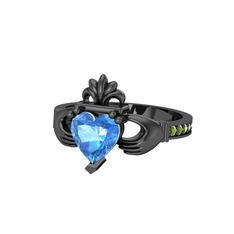 Kalp Claddagh Yüzük - Akuamarin ve peridot 925 ayar siyah rodyum kaplama gümüş yüzük #r0ptic