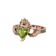 Kalp Claddagh Yüzük - Peridot ve kök zümrüt 14 ayar rose altın yüzük #s622xz