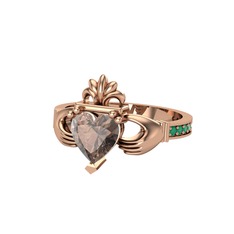 Kalp Claddagh Yüzük - Dumanlı kuvars ve kök zümrüt 14 ayar rose altın yüzük #soeatc