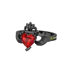 Kalp Claddagh Yüzük - Garnet ve peridot 925 ayar siyah rodyum kaplama gümüş yüzük #t2masf