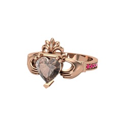 Kalp Claddagh Yüzük - Dumanlı kuvars ve rodolit garnet 14 ayar rose altın yüzük #us0wvf