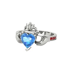 Kalp Claddagh Yüzük - Akuamarin ve garnet 18 ayar beyaz altın yüzük #v2xv12