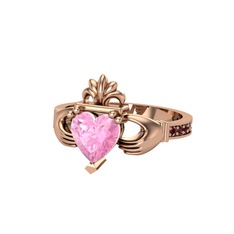 Kalp Claddagh Yüzük - Pembe kuvars ve kök yakut 18 ayar rose altın yüzük #vzg482