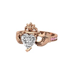 Kalp Claddagh Yüzük - Swarovski ve pembe kuvars 8 ayar rose altın yüzük #wskgk2