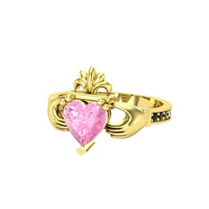 Kalp Claddagh Yüzük - Pembe kuvars ve siyah zirkon 18 ayar altın yüzük #x4i01n