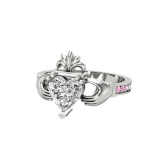 Kalp Claddagh Yüzük - Swarovski ve pembe kuvars 18 ayar beyaz altın yüzük #xck57l