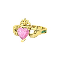 Kalp Claddagh Yüzük - Pembe kuvars ve kök zümrüt 14 ayar altın yüzük #zrdimx