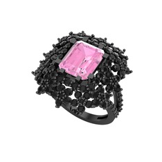 Prenses Kesim Çiçek Yüzük - Pembe kuvars ve siyah zirkon 925 ayar siyah rodyum kaplama gümüş yüzük #112xsgc
