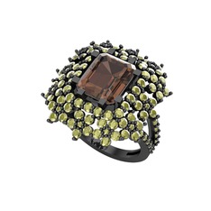 Prenses Kesim Çiçek Yüzük - Dumanlı kuvars ve peridot 925 ayar siyah rodyum kaplama gümüş yüzük #127d8ie