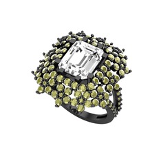Swarovski ve peridot 925 ayar siyah rodyum kaplama gümüş yüzük
