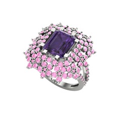 Prenses Kesim Çiçek Yüzük - Ametist ve pembe kuvars 18 ayar beyaz altın yüzük #131zgsq