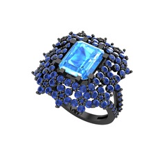 Prenses Kesim Çiçek Yüzük - Akuamarin ve lab safir 925 ayar siyah rodyum kaplama gümüş yüzük #142w7ai