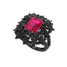 Prenses Kesim Çiçek Yüzük - Rodolit garnet ve siyah zirkon 925 ayar siyah rodyum kaplama gümüş yüzük #14i69eb