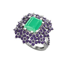 Prenses Kesim Çiçek Yüzük - Kök zümrüt ve ametist 8 ayar beyaz altın yüzük #15g790l