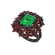 Prenses Kesim Çiçek Yüzük - Yeşil kuvars ve garnet 925 ayar siyah rodyum kaplama gümüş yüzük #15lj5lt