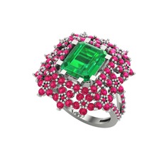 Prenses Kesim Çiçek Yüzük - Yeşil kuvars ve rodolit garnet 18 ayar beyaz altın yüzük #164xglt
