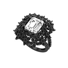 Prenses Kesim Çiçek Yüzük - Swarovski ve siyah zirkon 925 ayar siyah rodyum kaplama gümüş yüzük #189cqh6