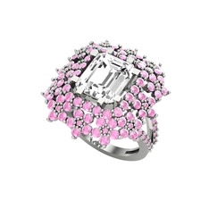 Prenses Kesim Çiçek Yüzük - Swarovski ve pembe kuvars 14 ayar beyaz altın yüzük #18n2hxo