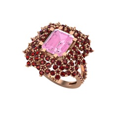 Prenses Kesim Çiçek Yüzük - Pembe kuvars ve garnet 925 ayar rose altın kaplama gümüş yüzük #190g3k7