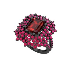 Prenses Kesim Çiçek Yüzük - Garnet ve rodolit garnet 925 ayar siyah rodyum kaplama gümüş yüzük #190pbfh