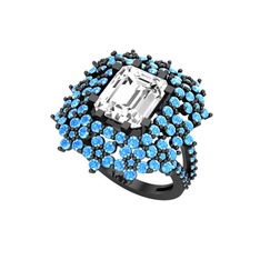 Prenses Kesim Çiçek Yüzük - Swarovski ve akuamarin 925 ayar siyah rodyum kaplama gümüş yüzük #1928ls