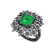 Prenses Kesim Çiçek Yüzük - Yeşil kuvars ve pırlanta 925 ayar siyah rodyum kaplama gümüş yüzük (1.725 karat) #19ek5ni