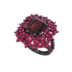 Prenses Kesim Çiçek Yüzük - Kök yakut ve rodolit garnet 925 ayar siyah rodyum kaplama gümüş yüzük #1alzbyr