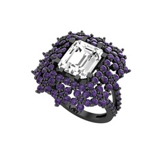 Prenses Kesim Çiçek Yüzük - Swarovski ve ametist 925 ayar siyah rodyum kaplama gümüş yüzük #1bq88sh