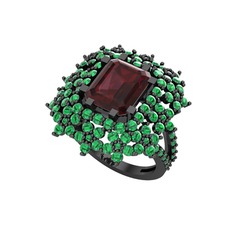 Prenses Kesim Çiçek Yüzük - Kök yakut ve yeşil kuvars 925 ayar siyah rodyum kaplama gümüş yüzük #1br3w80