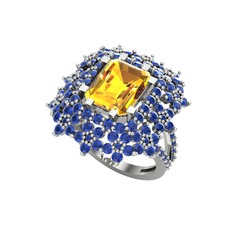 Prenses Kesim Çiçek Yüzük - Sitrin ve lab safir 18 ayar beyaz altın yüzük #1bsvkf1