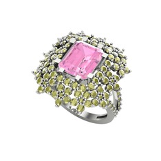 Prenses Kesim Çiçek Yüzük - Pembe kuvars ve peridot 18 ayar beyaz altın yüzük #1drm4t1