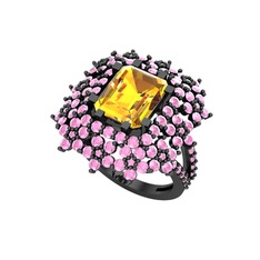 Sitrin ve pembe kuvars 925 ayar siyah rodyum kaplama gümüş yüzük