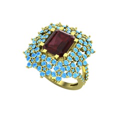 Prenses Kesim Çiçek Yüzük - Kök yakut ve akuamarin 14 ayar altın yüzük #1e65v3m