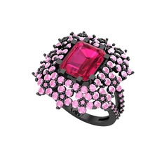 Prenses Kesim Çiçek Yüzük - Rodolit garnet ve pembe kuvars 925 ayar siyah rodyum kaplama gümüş yüzük #1fo2svw