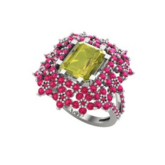 Prenses Kesim Çiçek Yüzük - Peridot ve rodolit garnet 8 ayar beyaz altın yüzük #1gihrqu