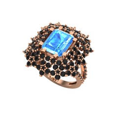 Prenses Kesim Çiçek Yüzük - Akuamarin ve siyah zirkon 8 ayar rose altın yüzük #1gyd6p0