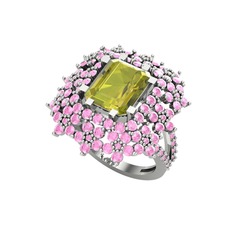 Prenses Kesim Çiçek Yüzük - Peridot ve pembe kuvars 14 ayar beyaz altın yüzük #1hffbyq